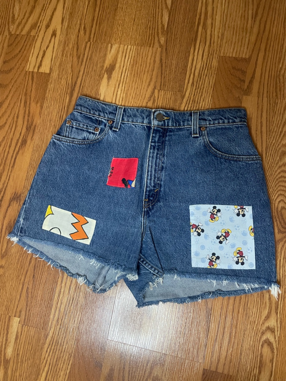 Vintage Levi’s 551 Denim Shorts Upcycled Patchwork Urban Outfitters - Picture 2 of 9